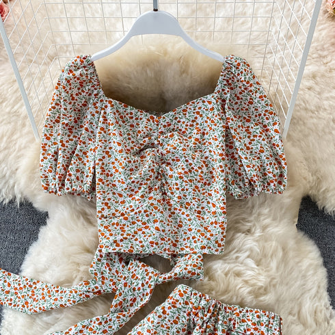 Floral Chiffon Square Neck Puff Sleeve Two Piece Skirt Set